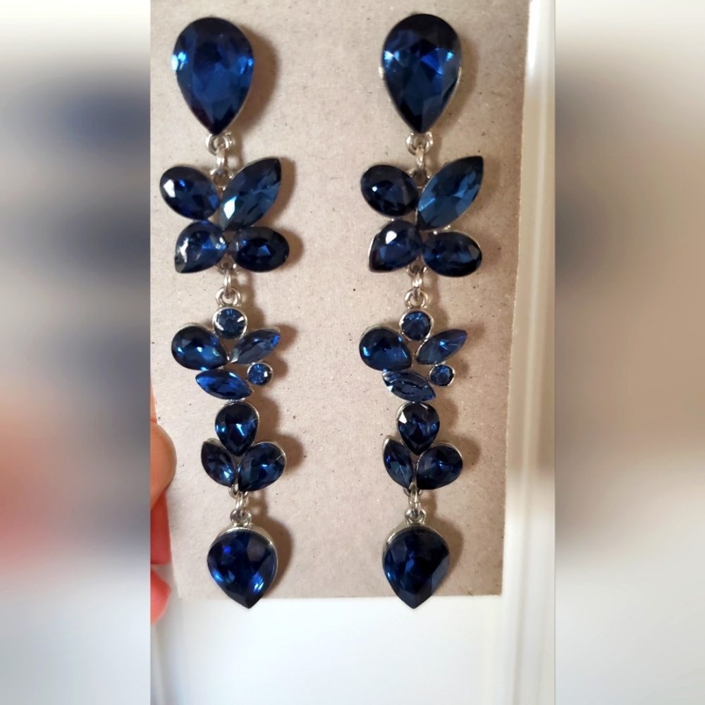 Blue & Silver Gem Dangle Earrings – 3.25” Long, Evening & Wedding Ready